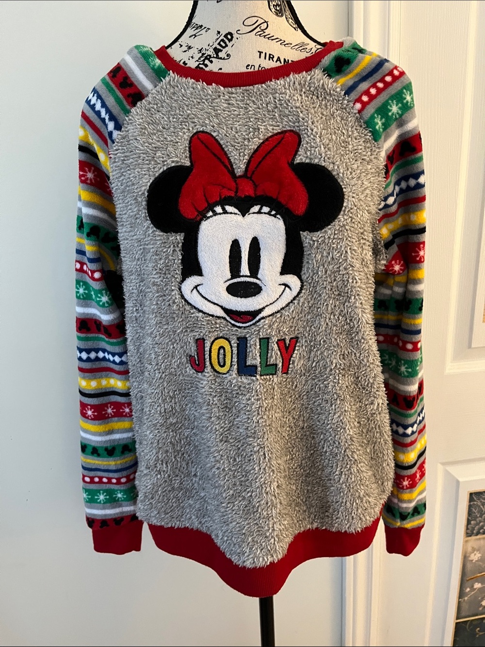 Disney Minnie 'Jolly' Holiday Fleece Sweater - Gray, Red, Green, Yellow, Blue